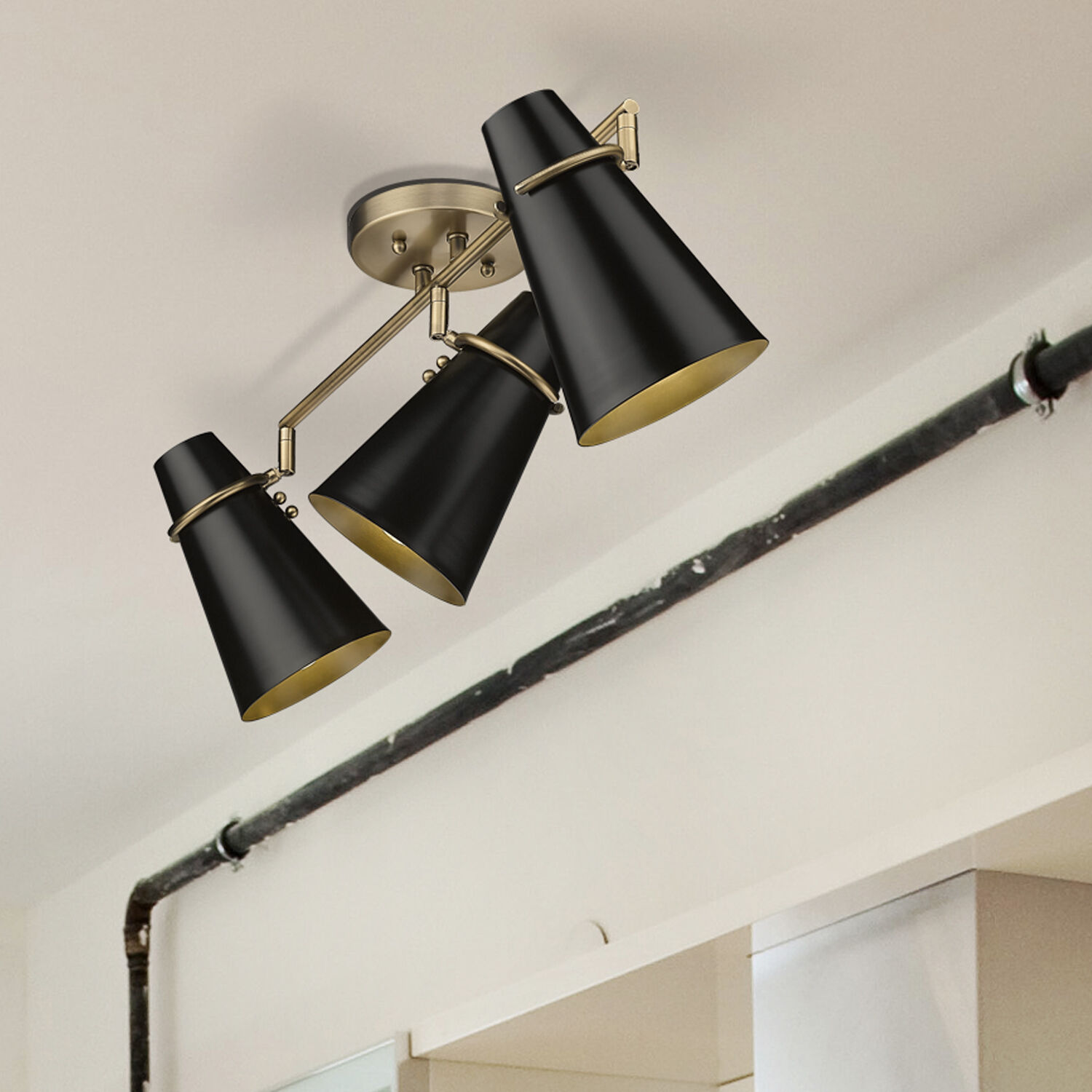 Reeva 3 Light 29.13 inch Modern Brass Semi-Flush Mount Ceiling Light in Matte Black