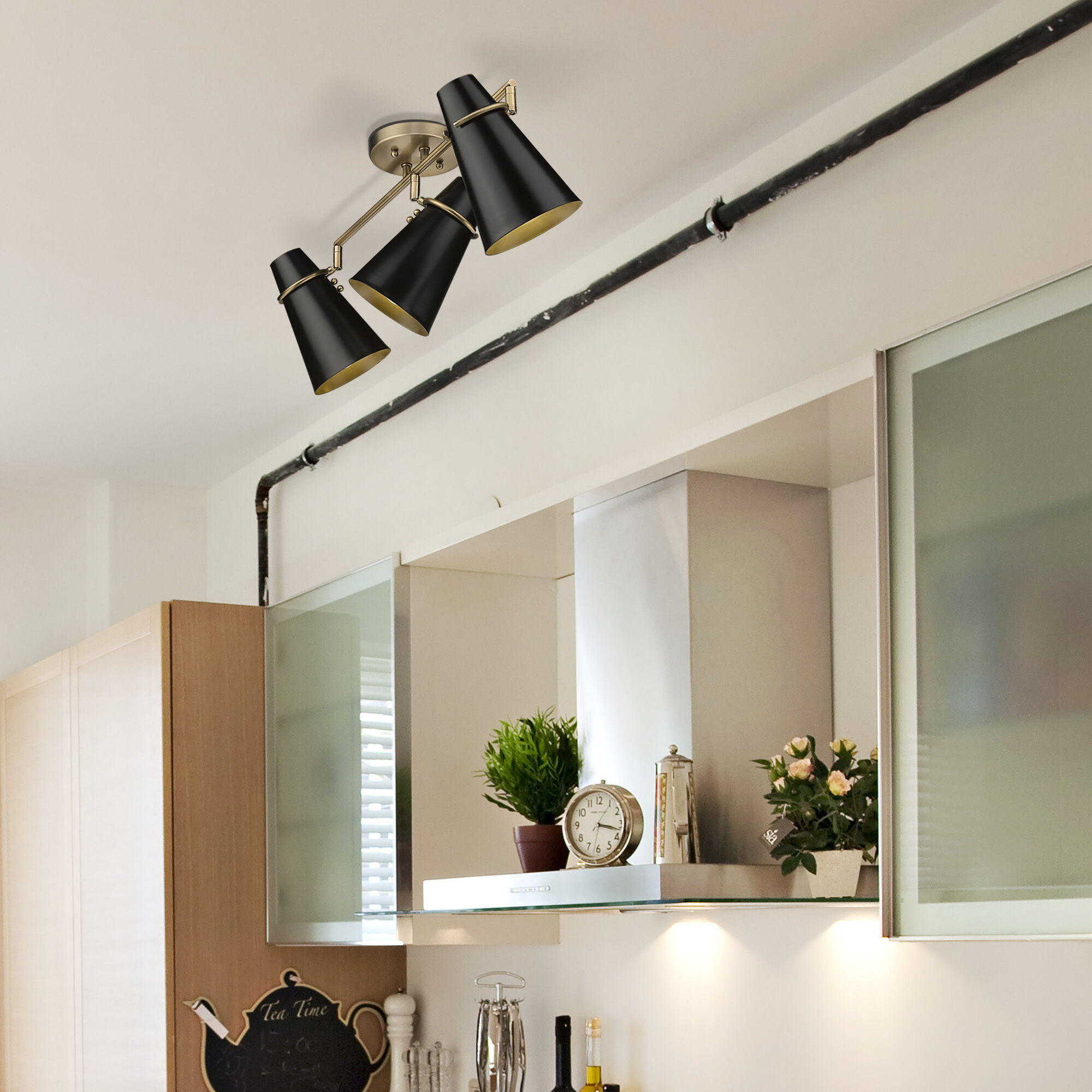 Reeva 3 Light 29.13 inch Modern Brass Semi-Flush Mount Ceiling Light in Matte Black