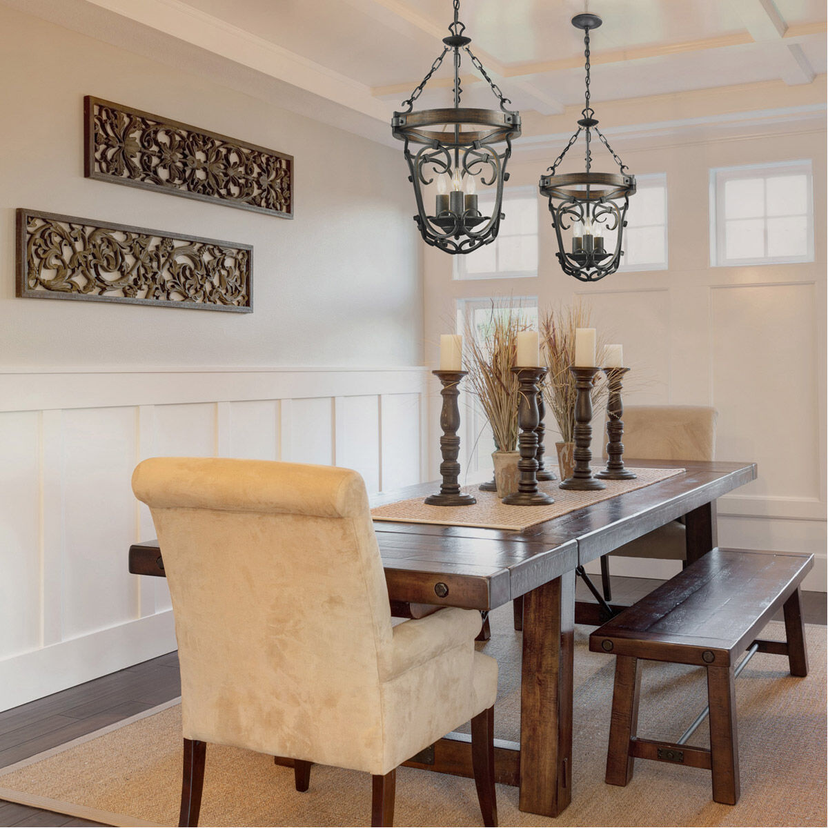 Madera 3 Light 17 inch Black Iron Pendant Ceiling Light, Caged