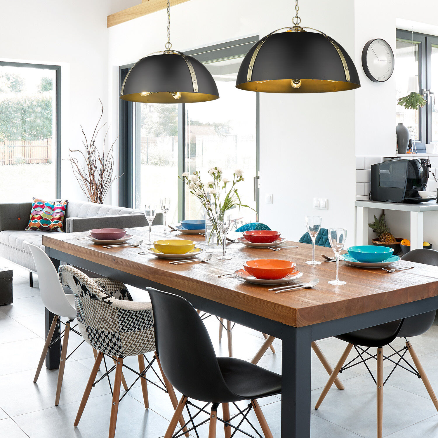 Aldrich Pendant Ceiling Light in Aged Brass, Matte Black