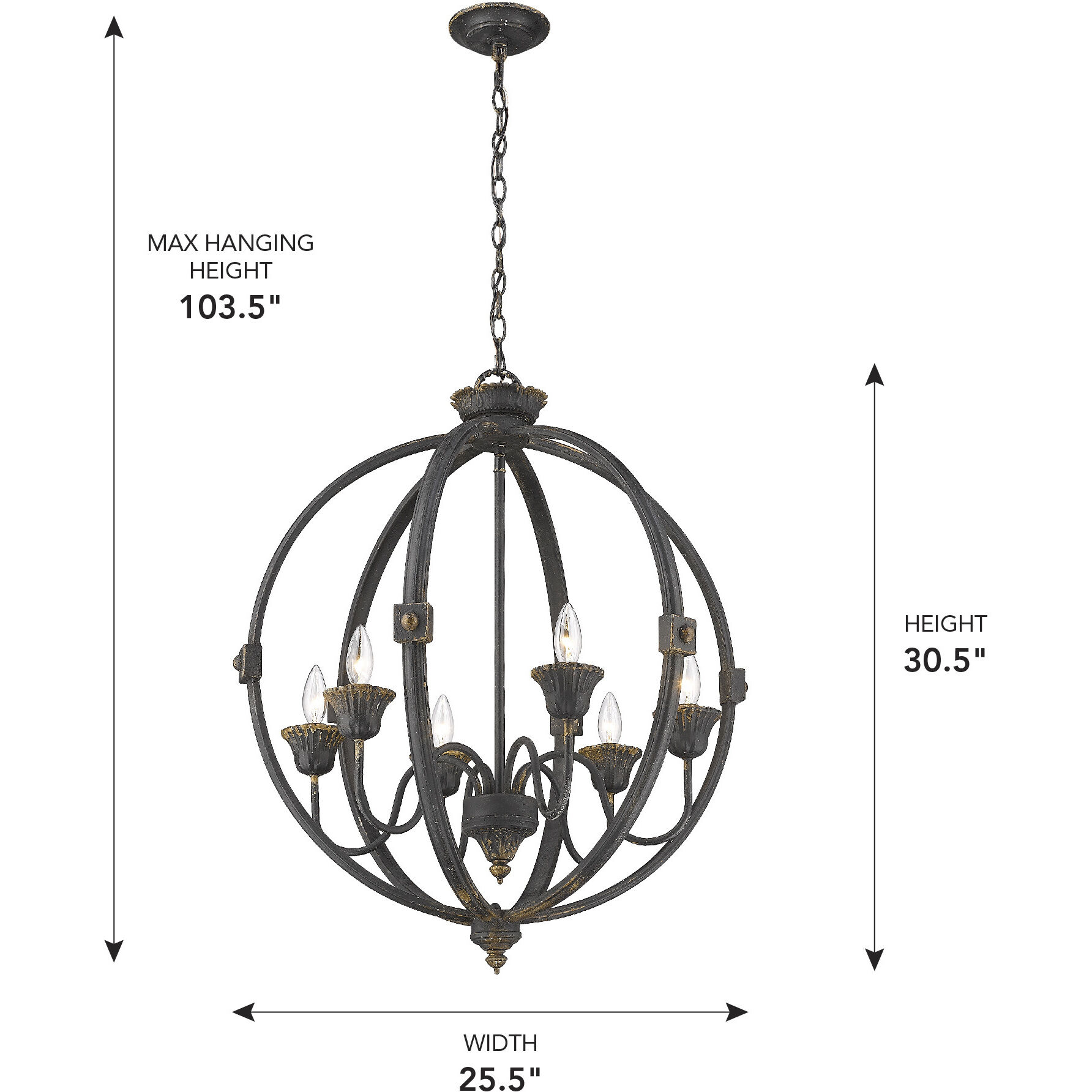 Jules 25.5 inch 60.00 watt Antique Black Iron Chandelier Ceiling Light
