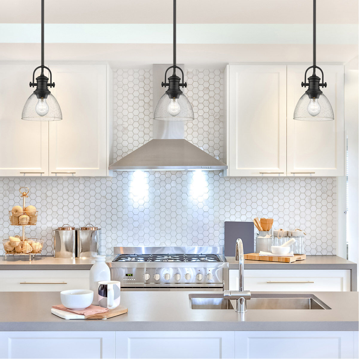 Golden Lighting 3118 M1L BLK SD Hines 1 Light 7 inch Matte Black Mini Pendant Ceiling Light in Seeded Glass