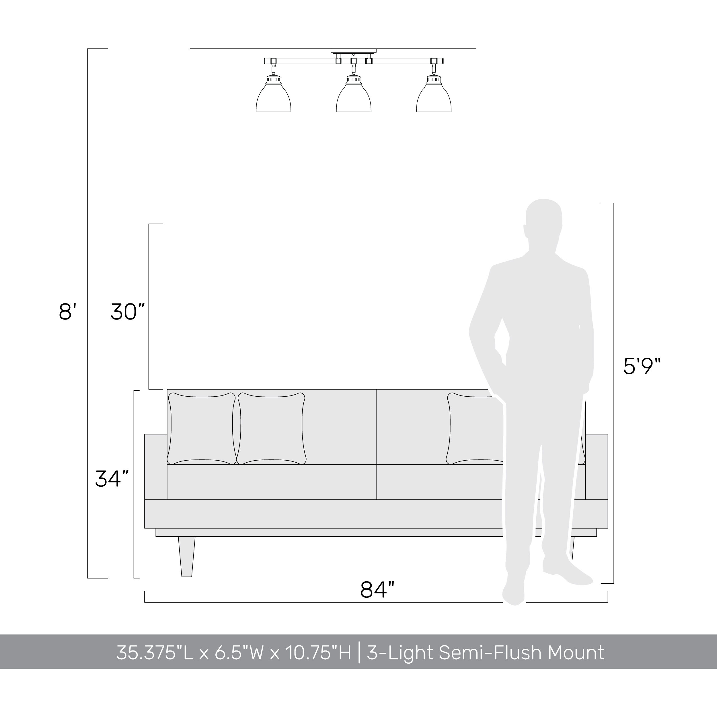 Yep Duncan 3 Light 35.38 inch Aged Brass Semi-Flush Mount Ceiling Light in Rubbed Bronze, Damp