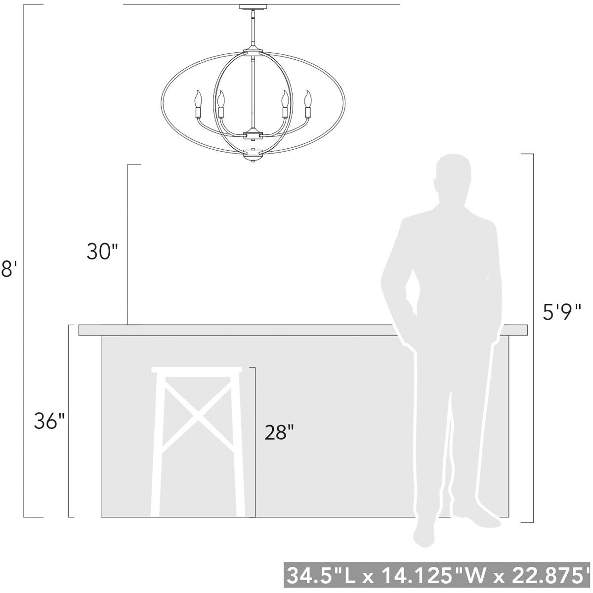 Colson 6 Light 35 inch Pewter Linear Pendant Ceiling Light in No Shade