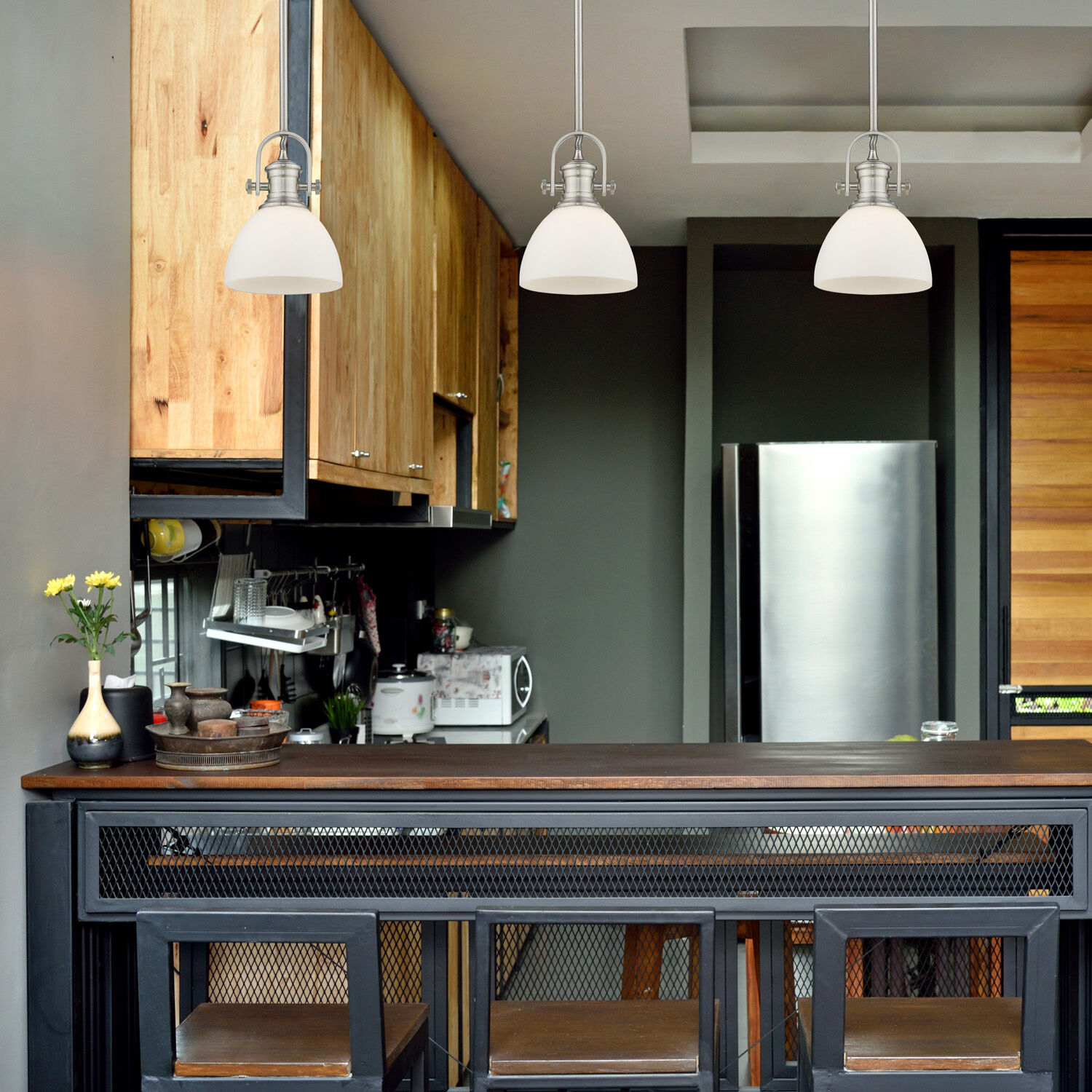 Yep Hines Pendant Ceiling Light in Pewter, Opal Glass