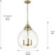Ariella Pendant Ceiling Light in Brushed Champagne Brass, Clear Hammered