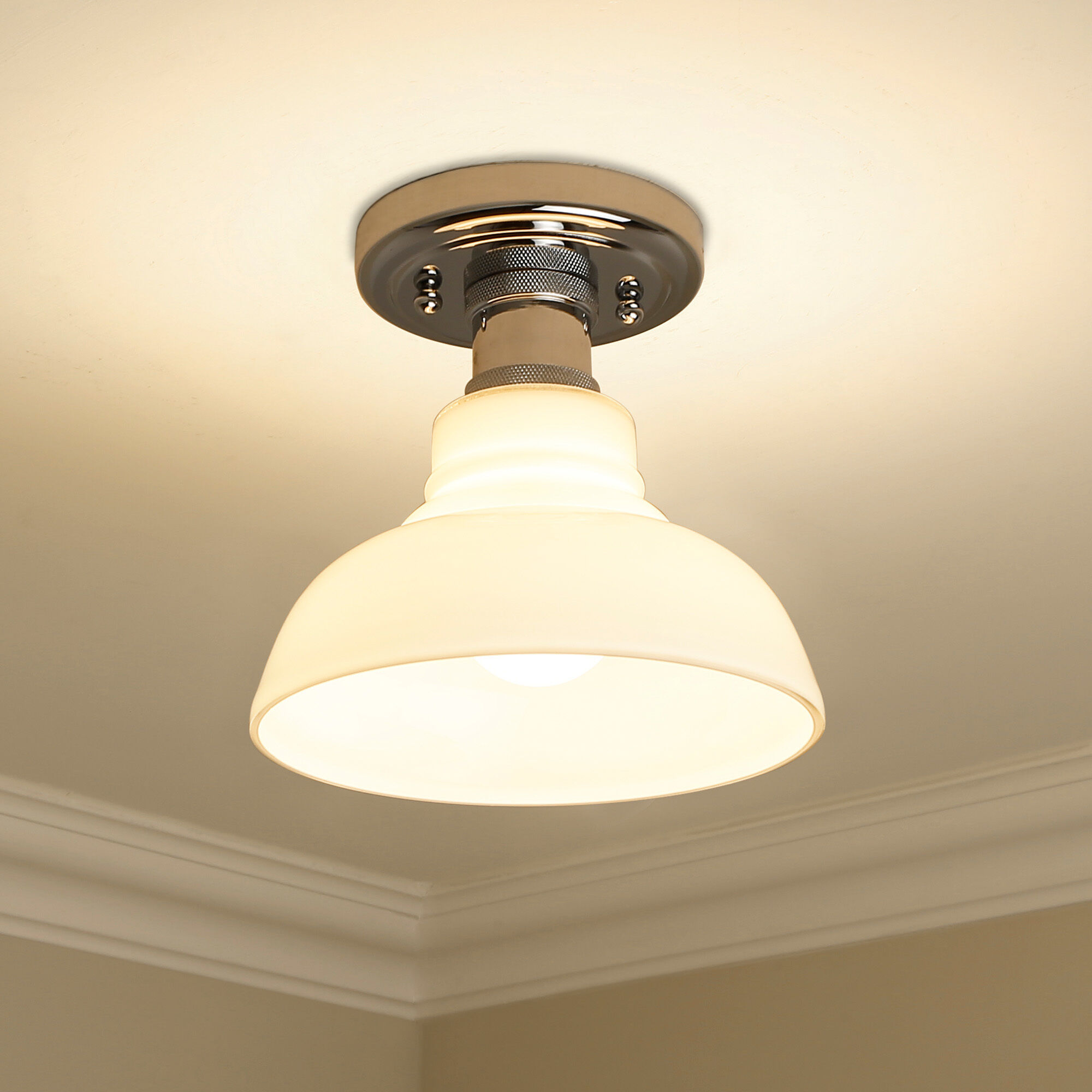 Yep Carver 1 Light 7.5 inch Chrome Flush Mount Ceiling Light in Vintage Milk Glass