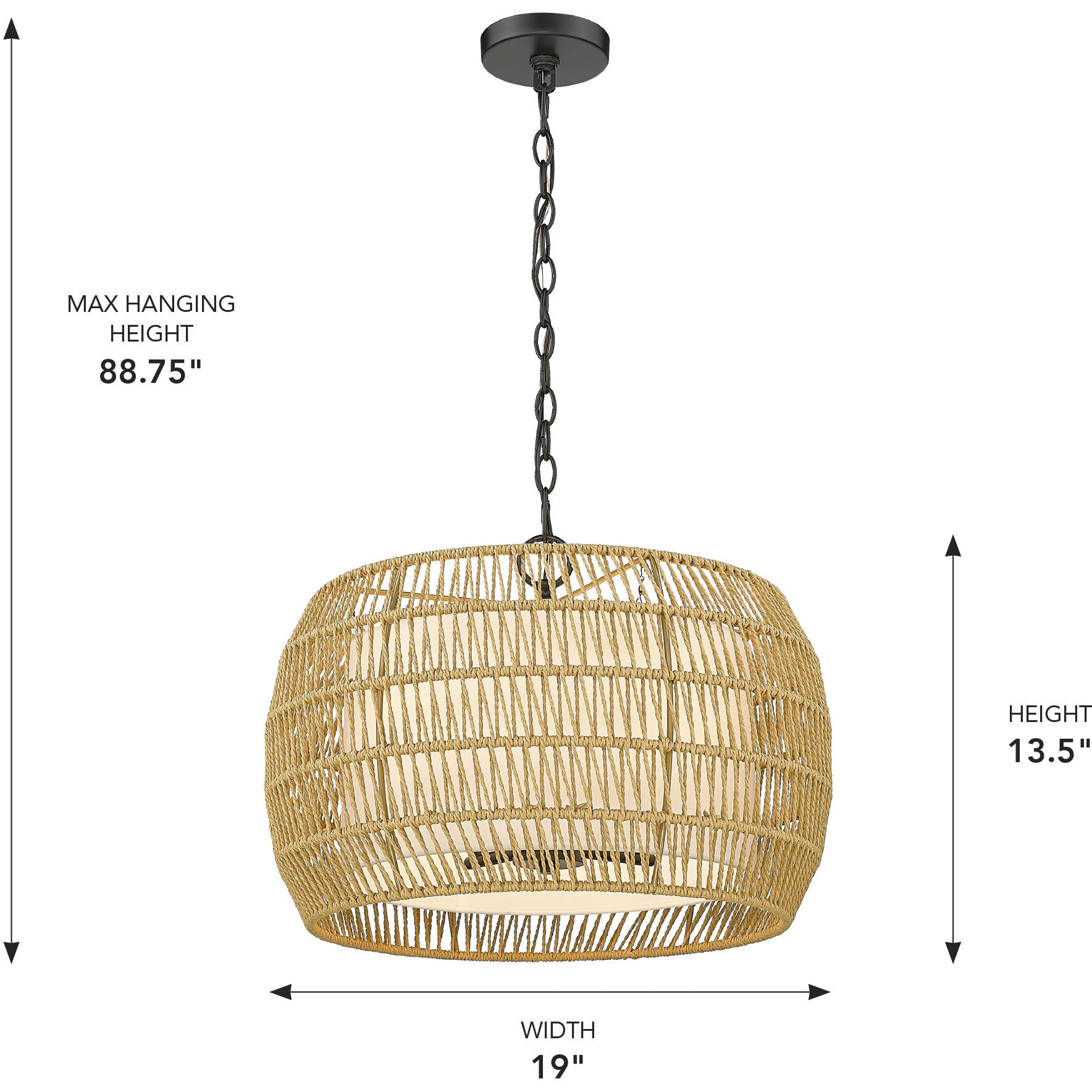 Everly 4 Light 19 inch Matte Black Pendant Ceiling Light in Natural Rattan