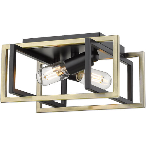 Tribeca 2 Light 12 inch Matte Black Flush Mount Ceiling Light in Aged Brass, Damp