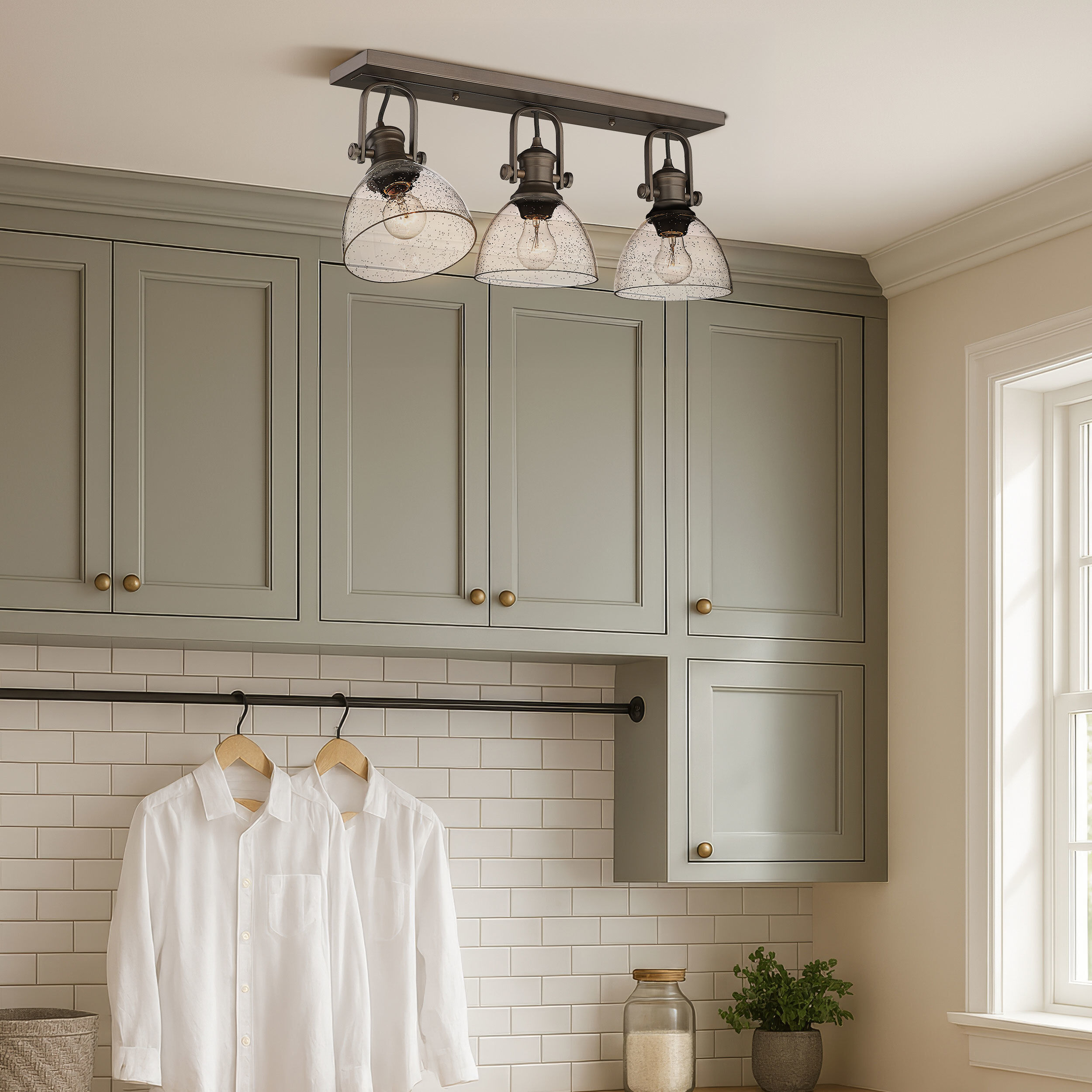 Yep Hines 3 Light 23.13 inch Rubbed Bronze Semi-Flush Mount Ceiling Light in Seeded Glass, Damp